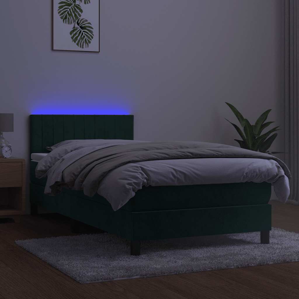 kontinentalseng med madras og LED-lys 100x200 cm fløjl mørkegrøn