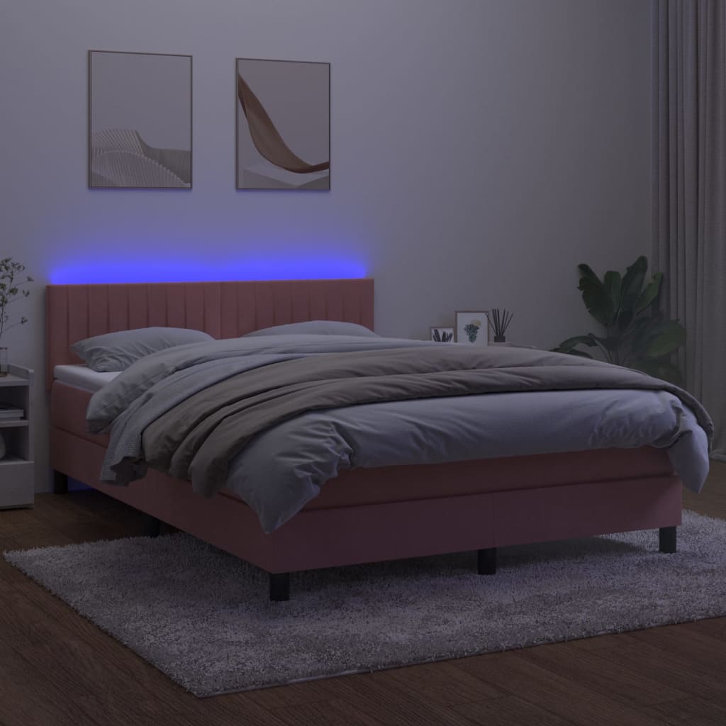 kontinentalseng med madras og LED-lys 140x190 cm fløjl lyserød