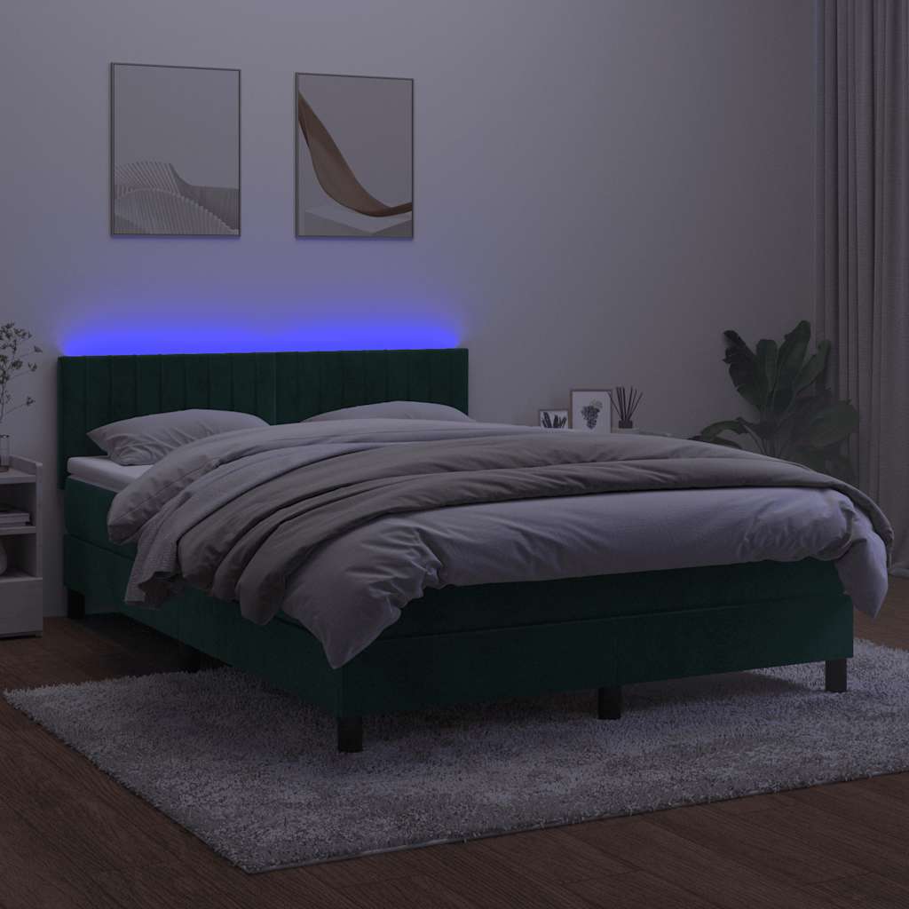 kontinentalseng med madras og LED-lys 140x200 cm fløjl mørkegrøn