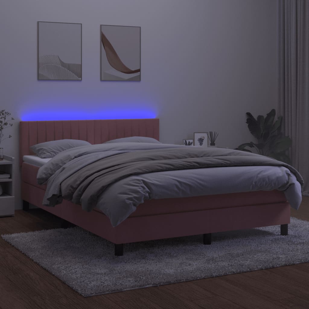 kontinentalseng med madras og LED-lys 140x200 cm fløjl lyserød