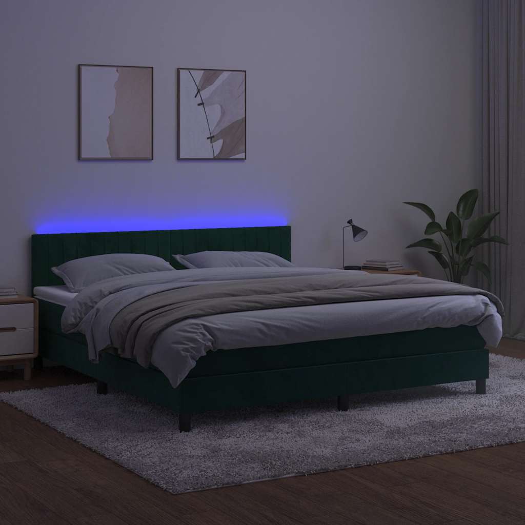 kontinentalseng med madras og LED-lys 160x200 cm fløjl mørkegrøn