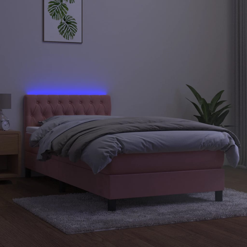 kontinentalseng med madras og LED-lys 90x190 cm fløjl lyserød
