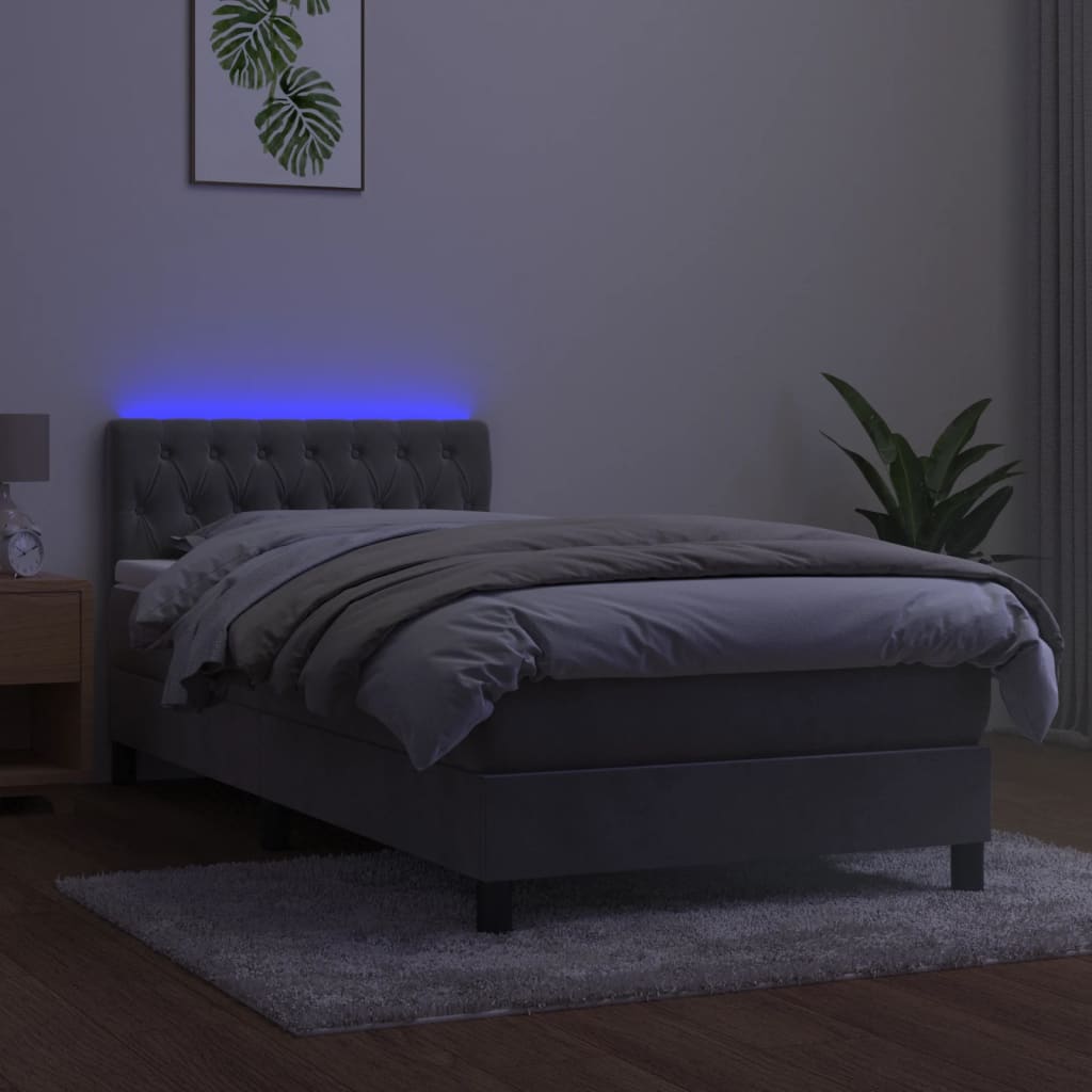 kontinentalseng med madras og LED-lys 90x200 cm fløjl lysegrå