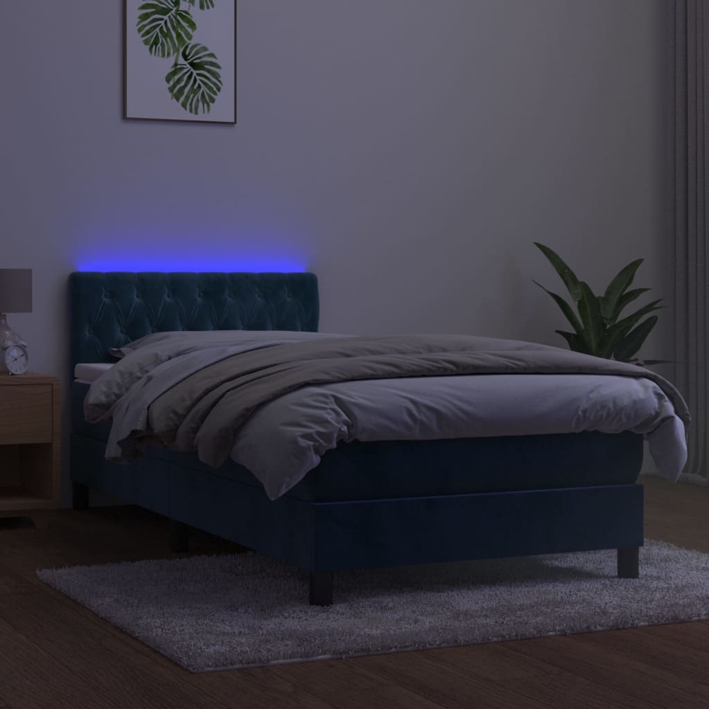 kontinentalseng med madras og LED-lys 100x200 cm fløjl mørkeblå