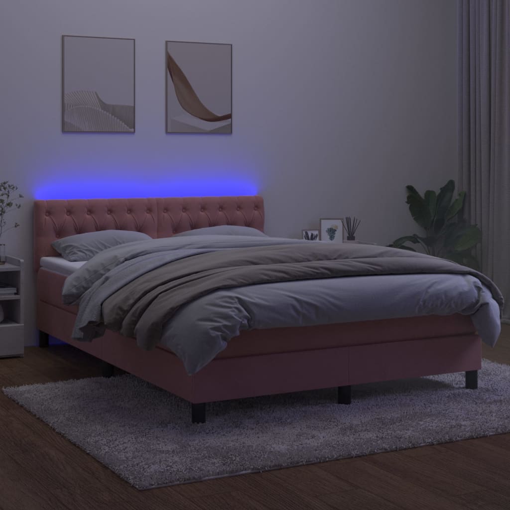 kontinentalseng med madras og LED-lys 140x190 cm fløjl lyserød