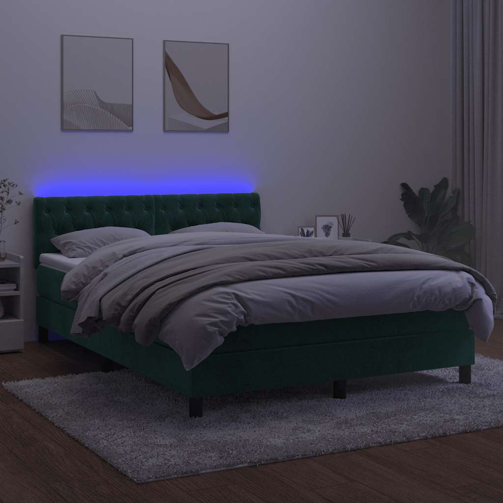 kontinentalseng med madras og LED-lys 140x200 cm fløjl mørkegrøn