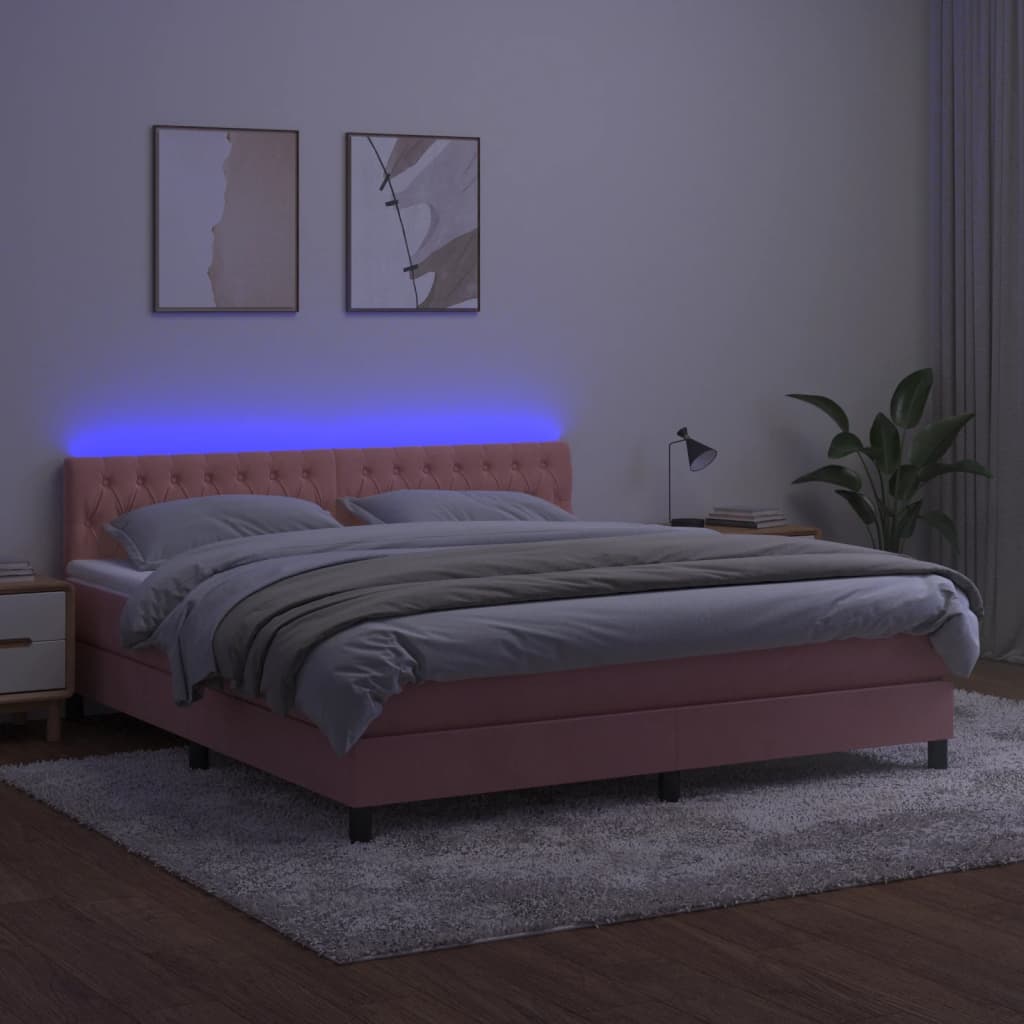 kontinentalseng med madras og LED-lys 180x200 cm fløjl lyserød