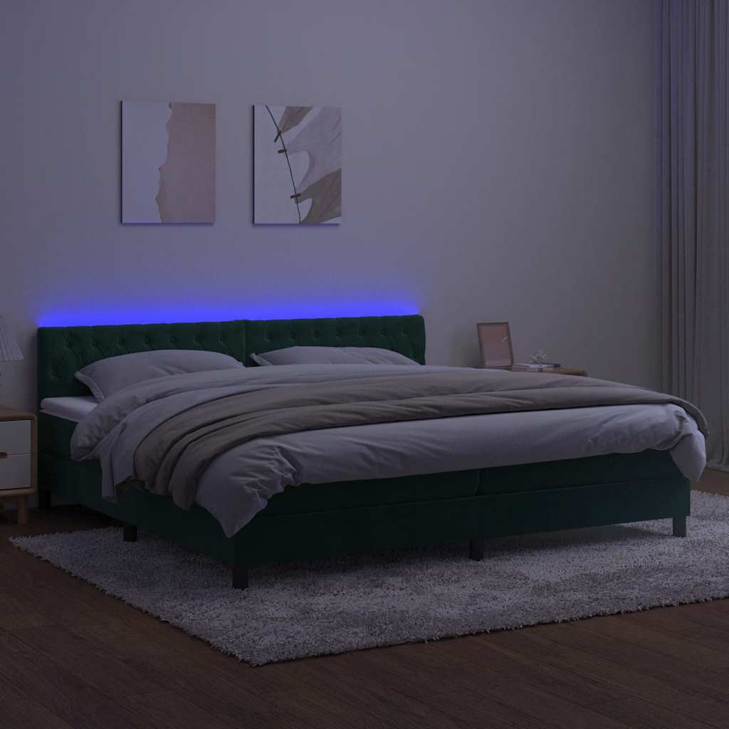 kontinentalseng med madras og LED-lys 200x200 cm fløjl mørkegrøn