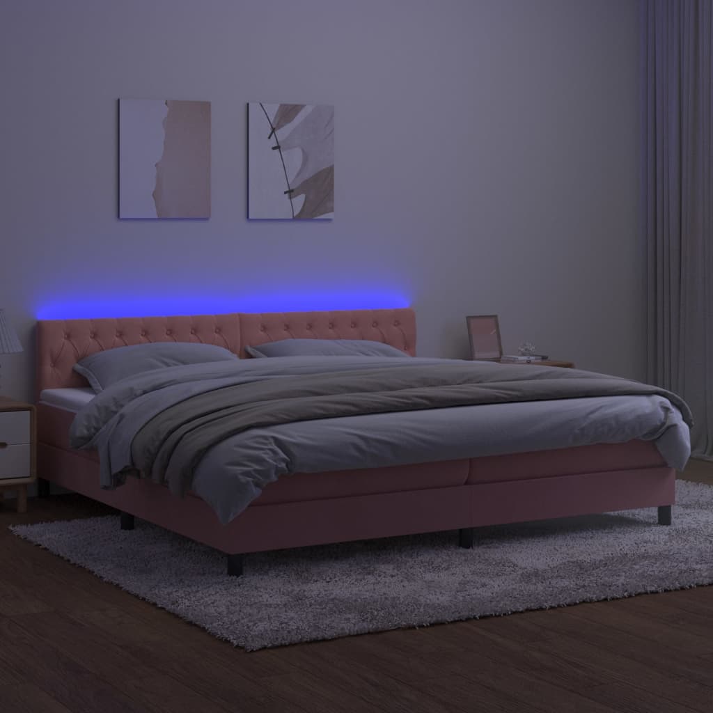 kontinentalseng med madras og LED-lys 200x200 cm fløjl lyserød