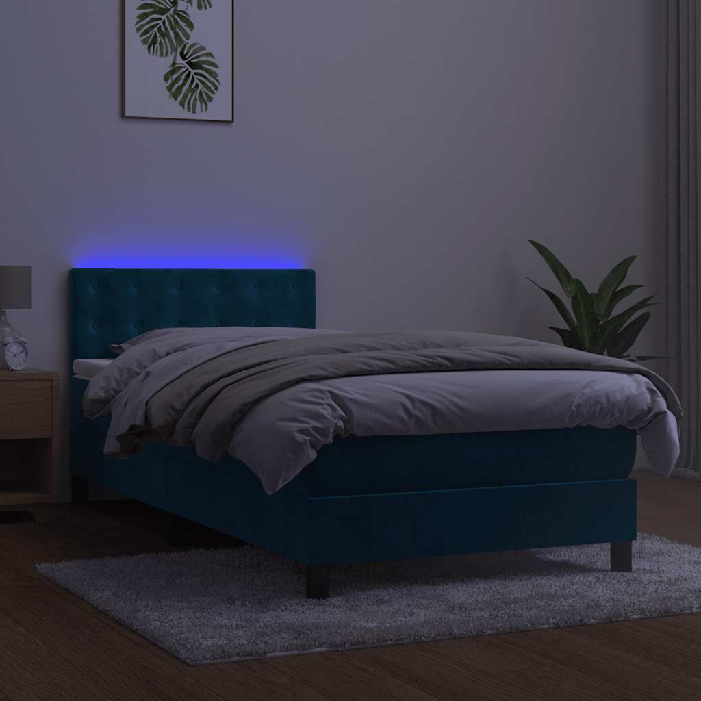 kontinentalseng med madras og LED-lys 90x190 cm fløjl mørkeblå