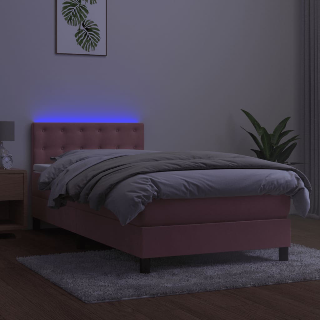 kontinentalseng med madras og LED-lys 90x190 cm fløjl lyserød