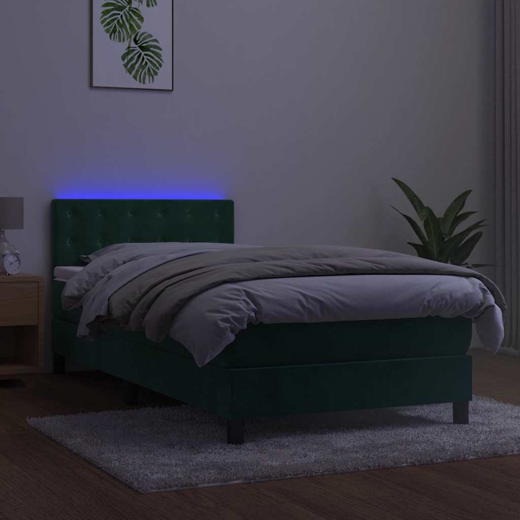 kontinentalseng med madras og LED-lys 100x200 cm fløjl mørkegrøn