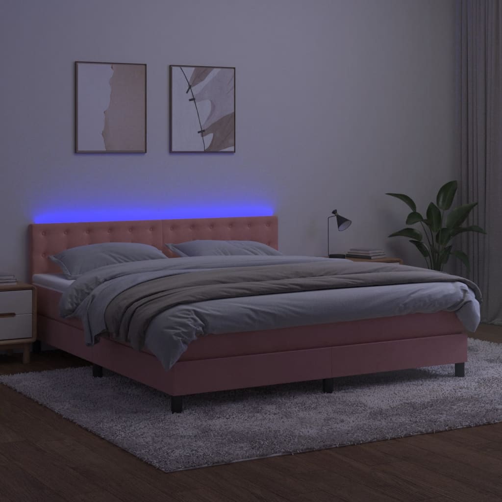 kontinentalseng med madras og LED-lys 160x200 cm fløjl lyserød