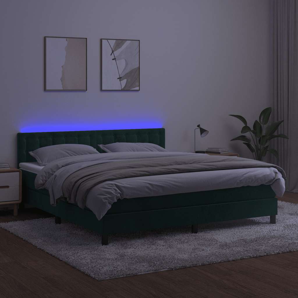 kontinentalseng med madras og LED-lys 180x200 cm fløjl mørkegrøn