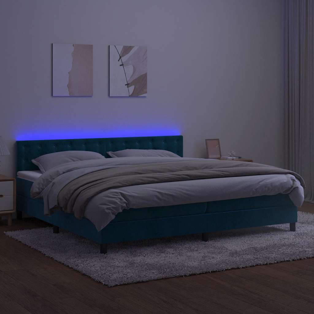 kontinentalseng med madras og LED-lys 200x200 cm fløjl mørkeblå