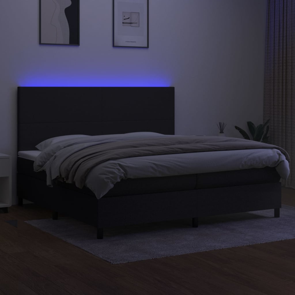 kontinentalseng med LED-lys 200x200 cm stof sort