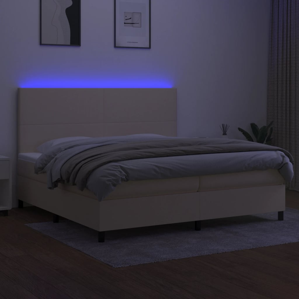 kontinentalseng med LED-lys 200x200 cm stof cremefarvet