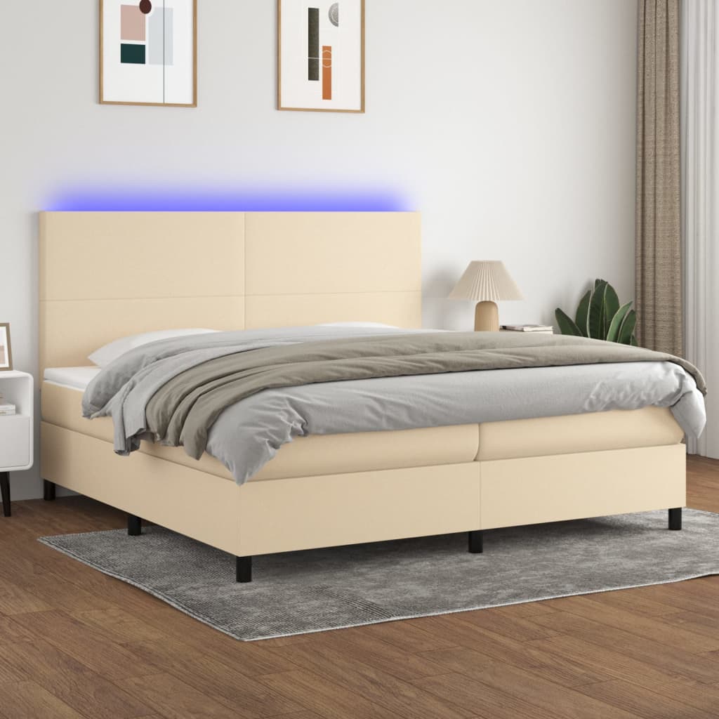 kontinentalseng med LED-lys 200x200 cm stof cremefarvet
