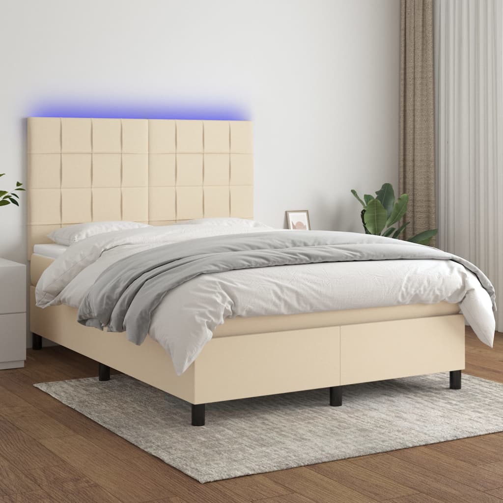 kontinentalseng med LED-lys 140x190 cm stof cremefarvet