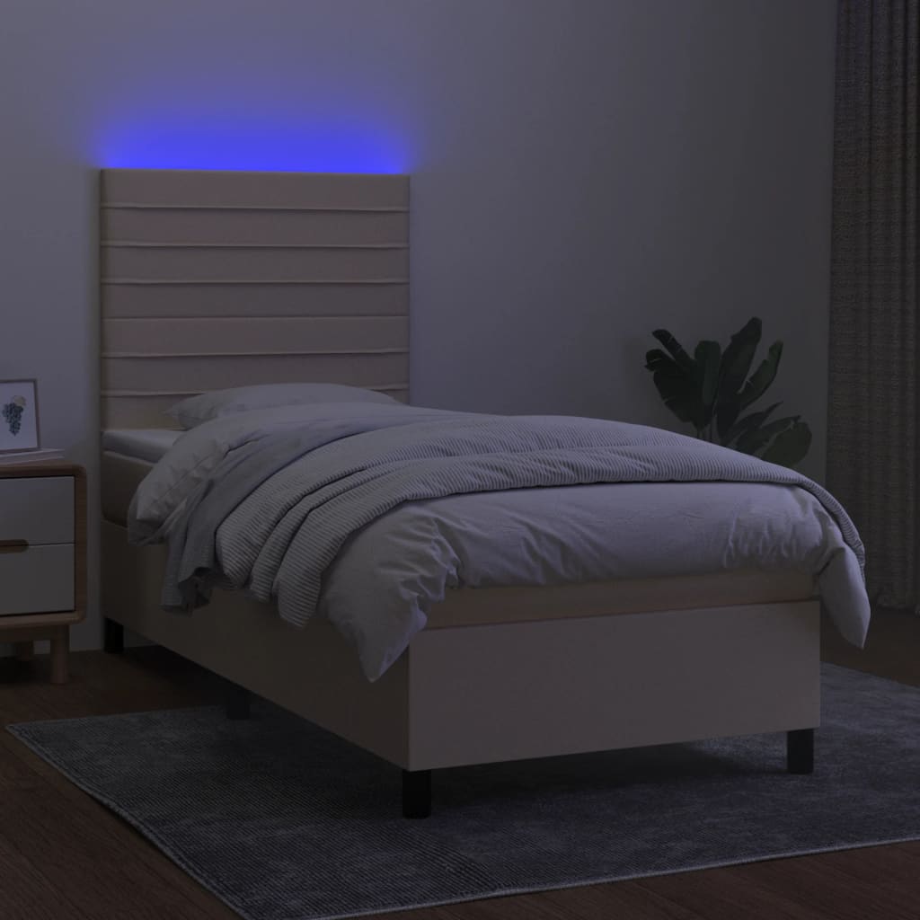 kontinentalseng med LED-lys 90x190 cm stof cremefarvet