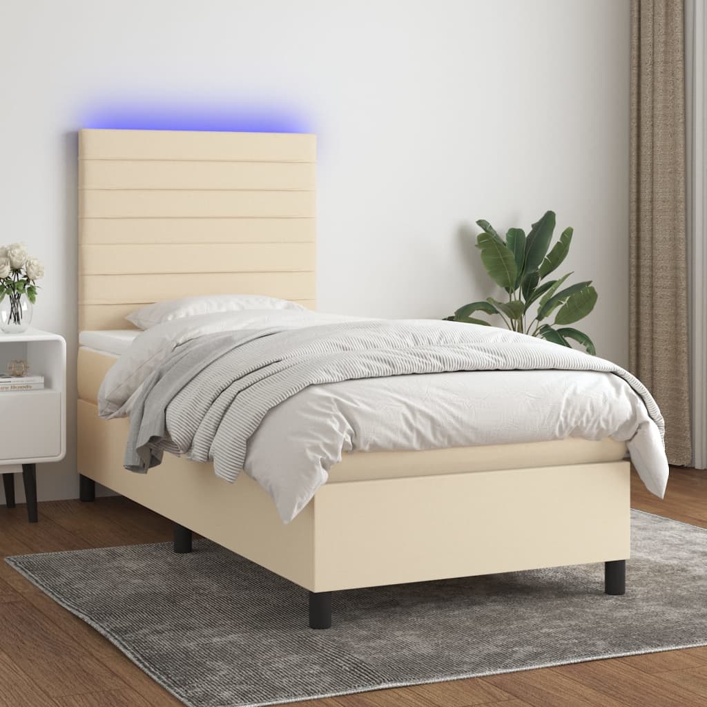 kontinentalseng med LED-lys 90x190 cm stof cremefarvet