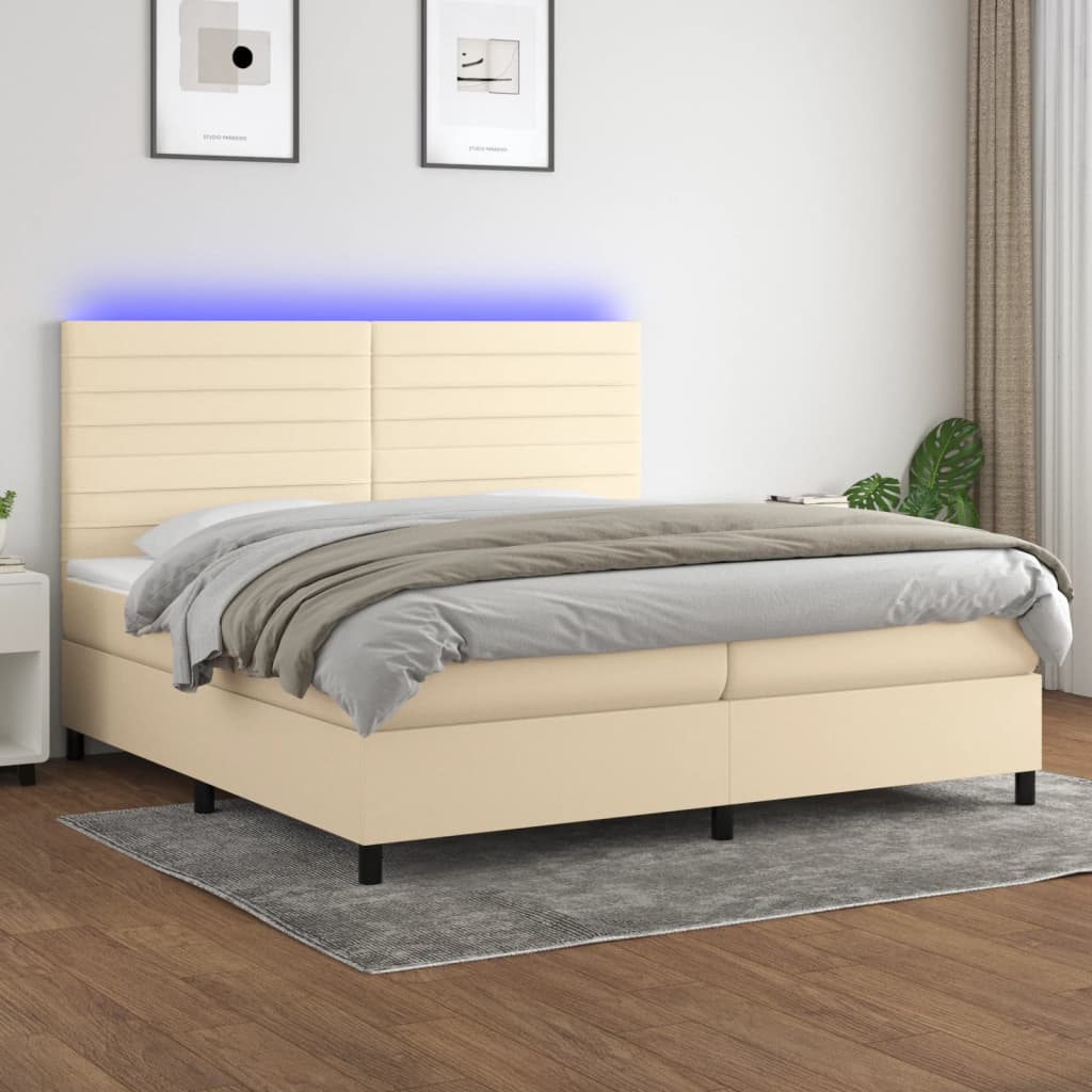 kontinentalseng med LED-lys 200x200 cm stof cremefarvet