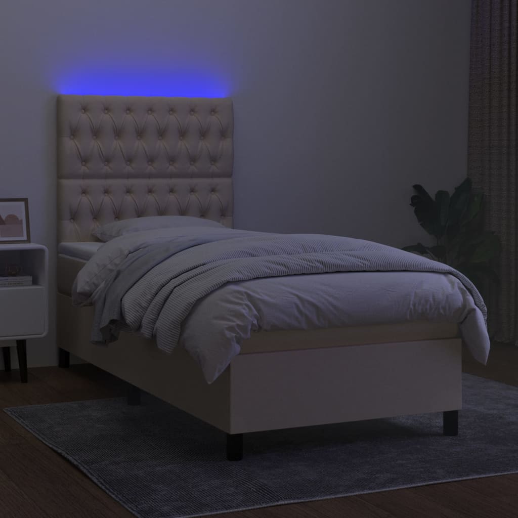 kontinentalseng med LED-lys 90x190 cm stof cremefarvet