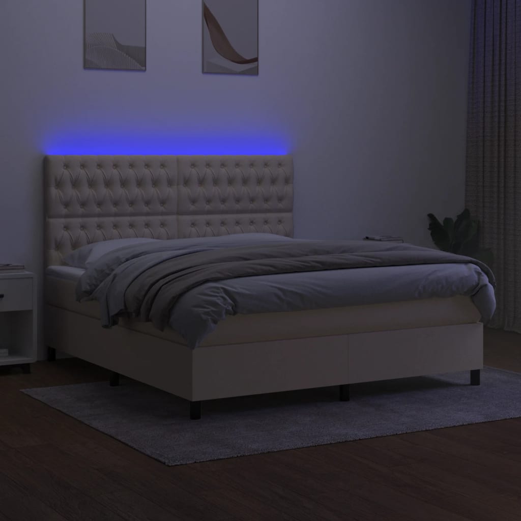 kontinentalseng med LED-lys 180x200 cm stof cremefarvet
