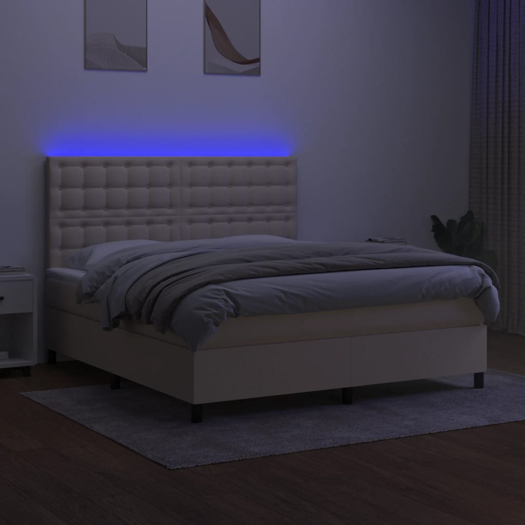 kontinentalseng med LED-lys 160x200 cm stof cremefarvet
