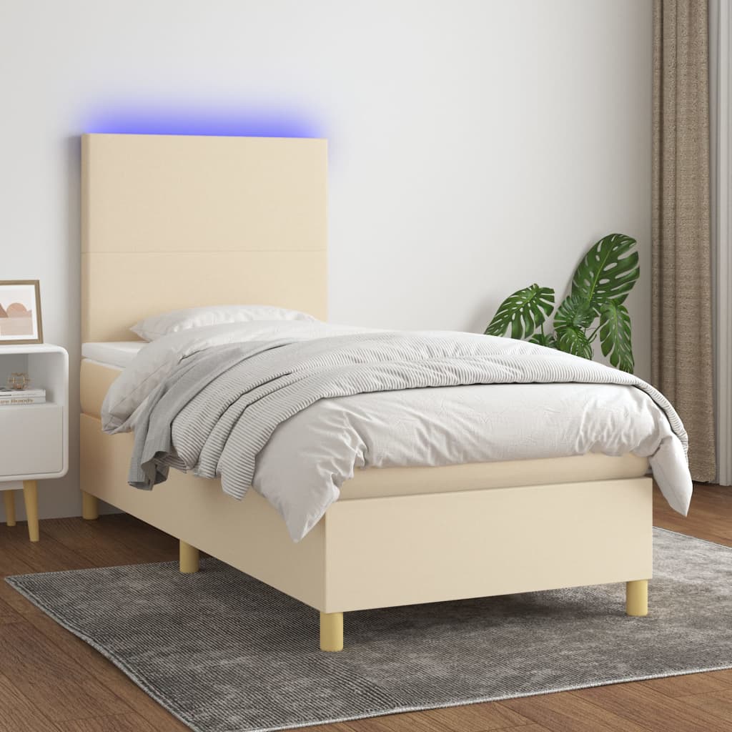 kontinentalseng med LED-lys 90x190 cm stof cremefarvet