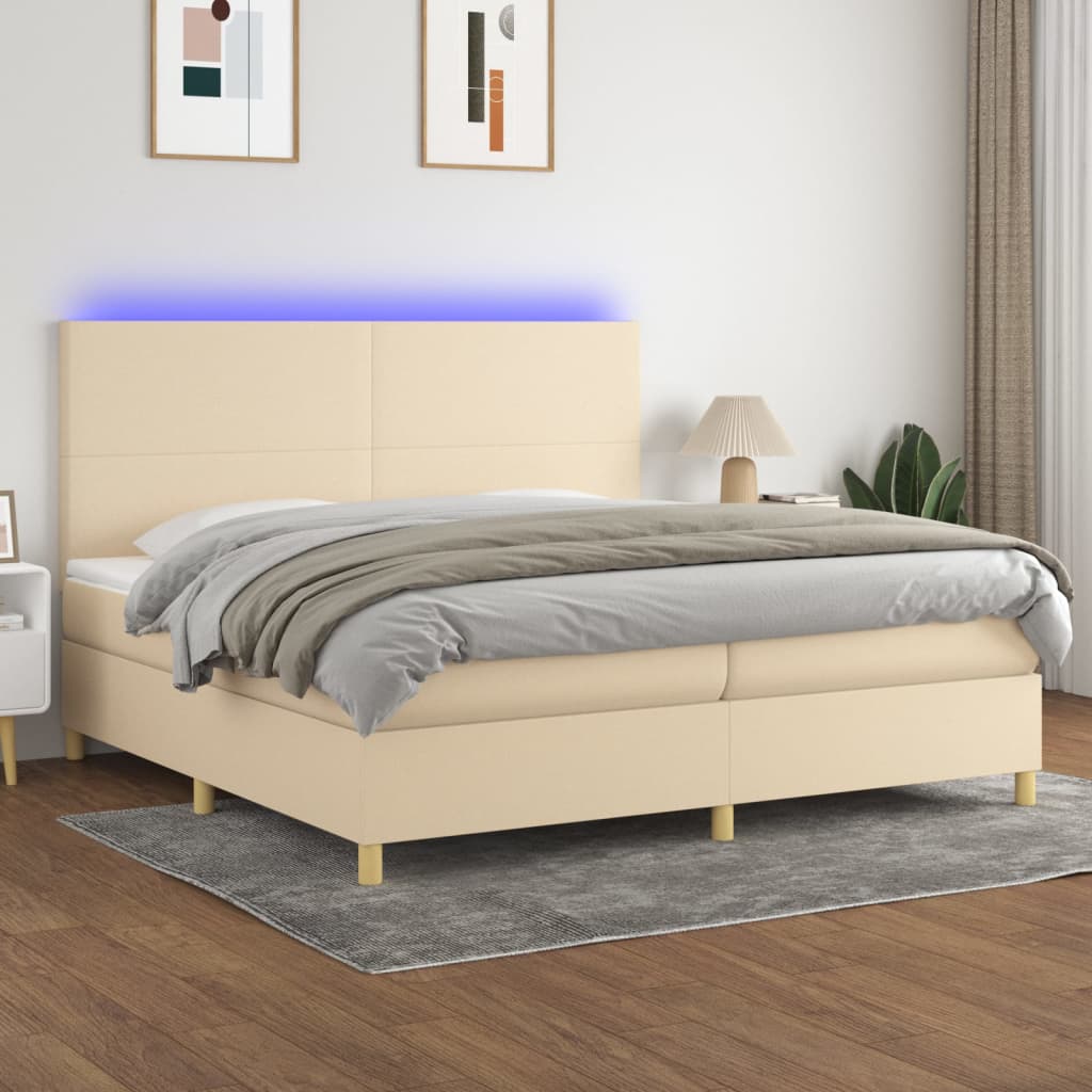 kontinentalseng med LED-lys 200x200 cm stof cremefarvet