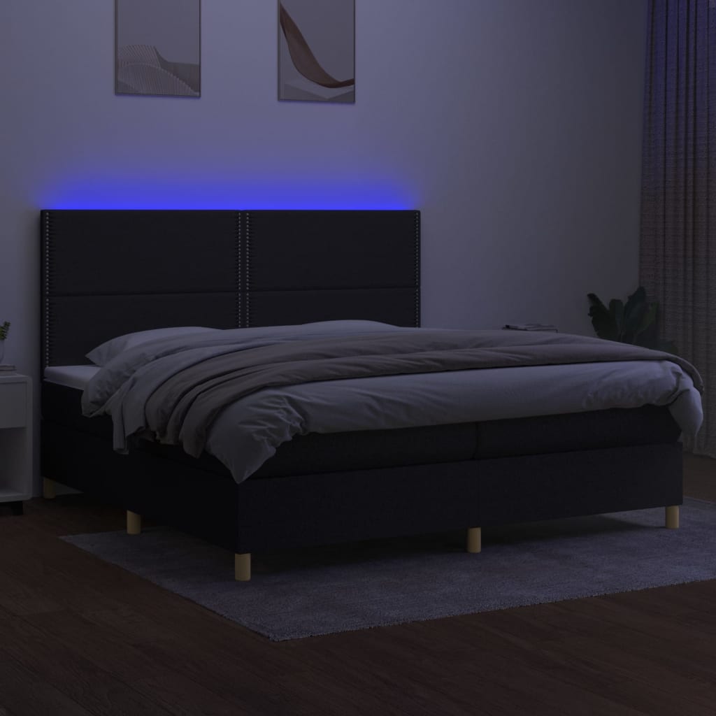 kontinentalseng med LED-lys 200x200 cm stof sort