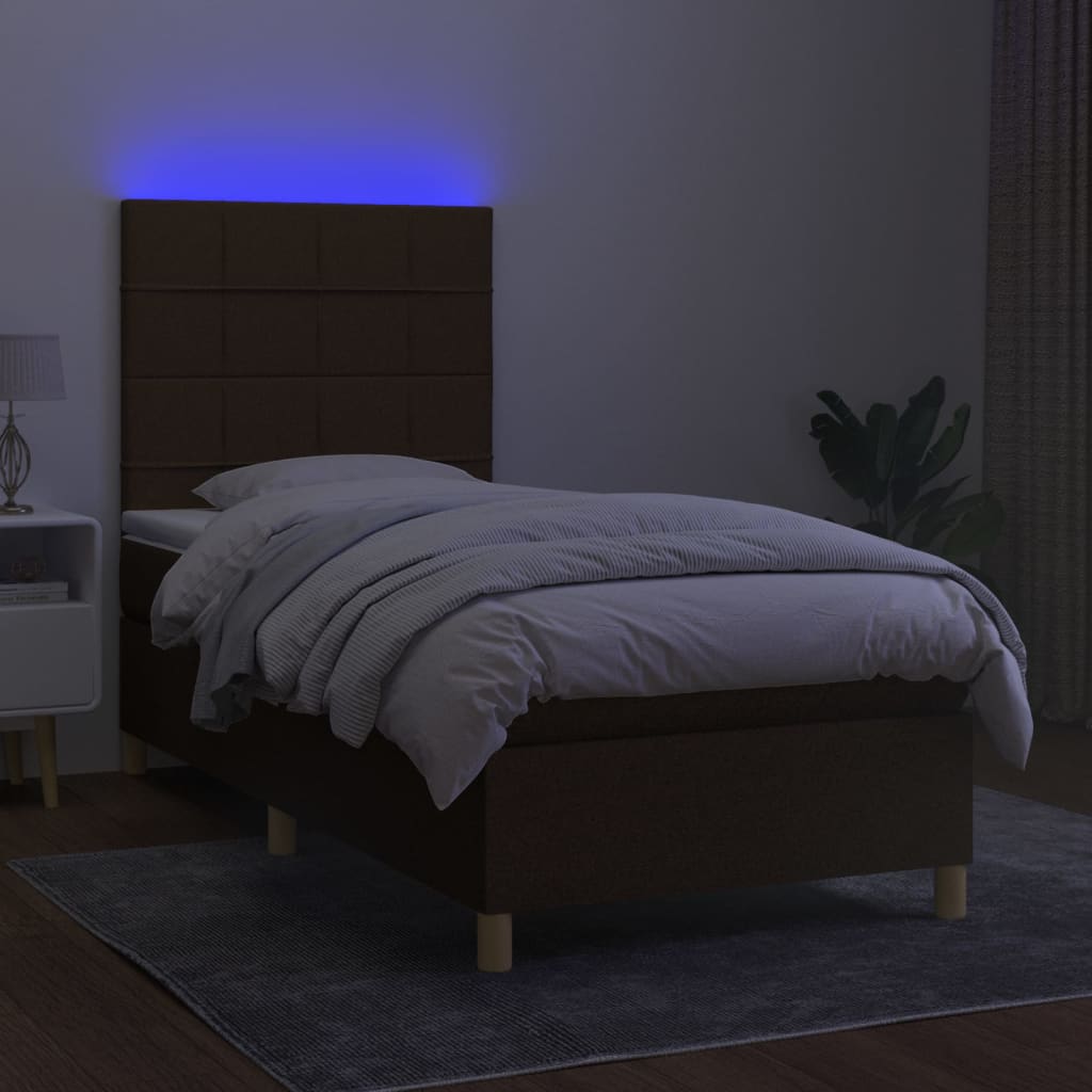 kontinentalseng med LED-lys 100x200 cm stof mørkebrun