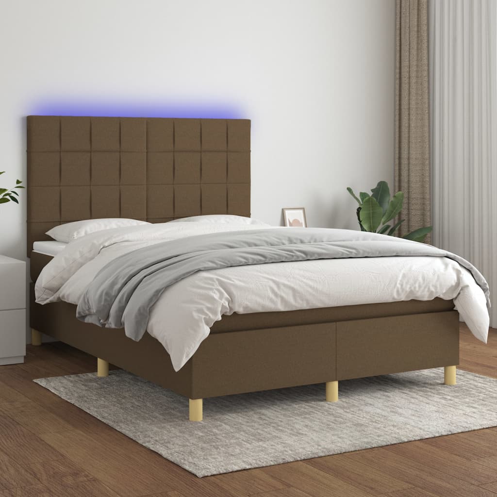 kontinentalseng med LED-lys 140x190 cm stof mørkebrun