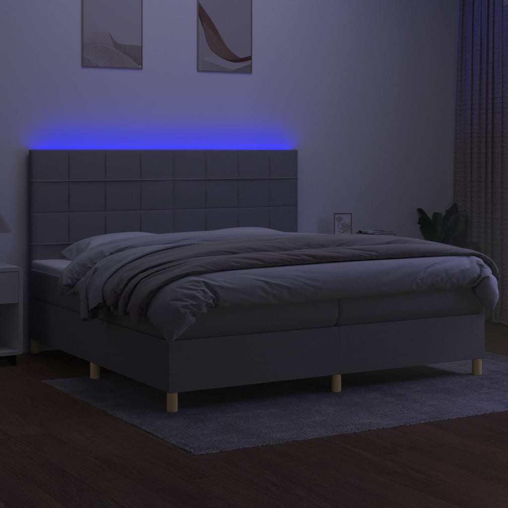 kontinentalseng med LED-lys 200x200 cm stof lysegrå