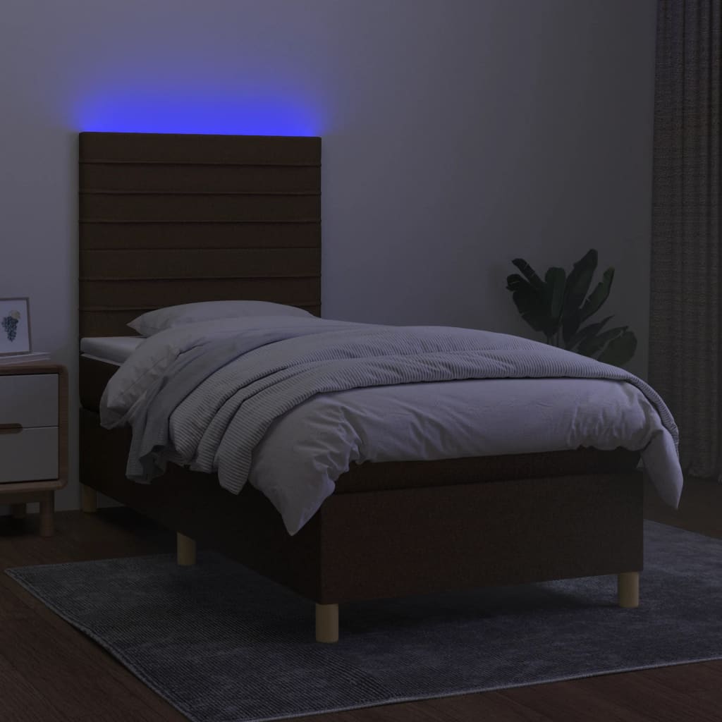 kontinentalseng med LED-lys 90x190 cm stof mørkebrun