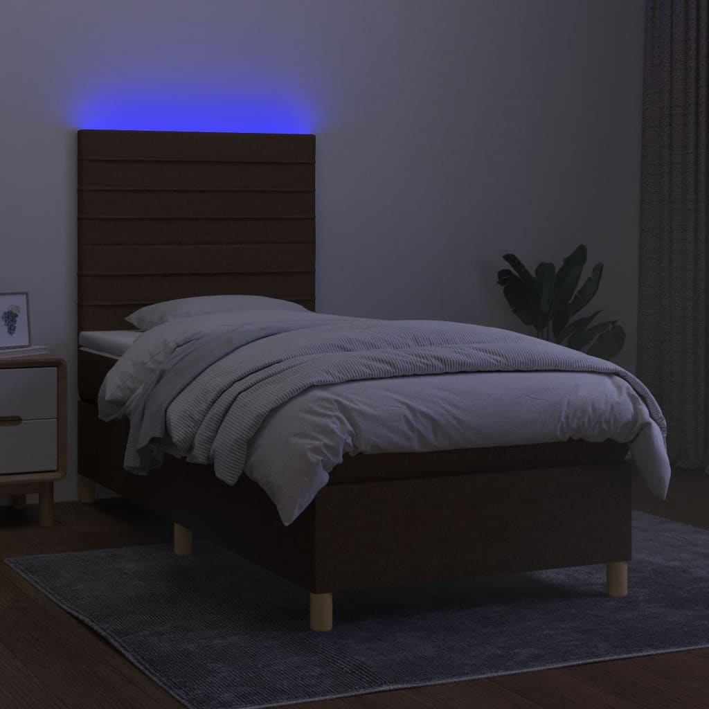 kontinentalseng med LED-lys 90x200 cm stof mørkebrun
