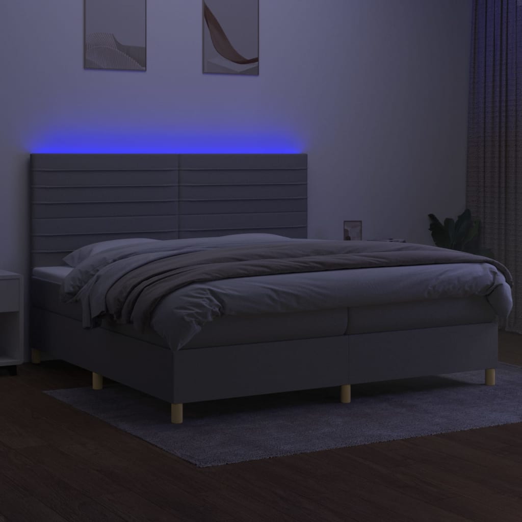 kontinentalseng med LED-lys 200x200 cm stof lysegrå