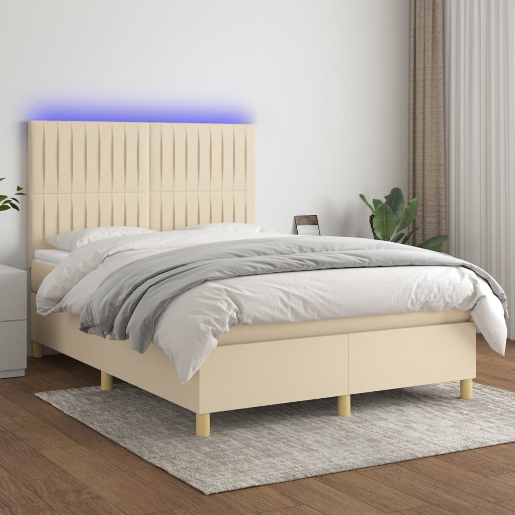 kontinentalseng med LED-lys 140x190 cm stof cremefarvet