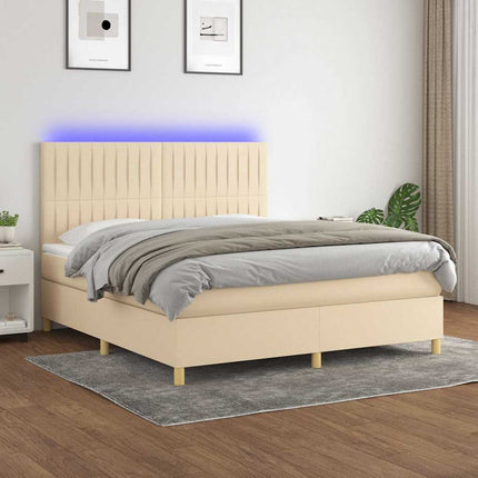 kontinentalseng med LED-lys 180x200 cm stof cremefarvet