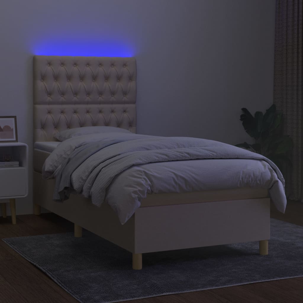 kontinentalseng med LED-lys 90x190 cm stof cremefarvet