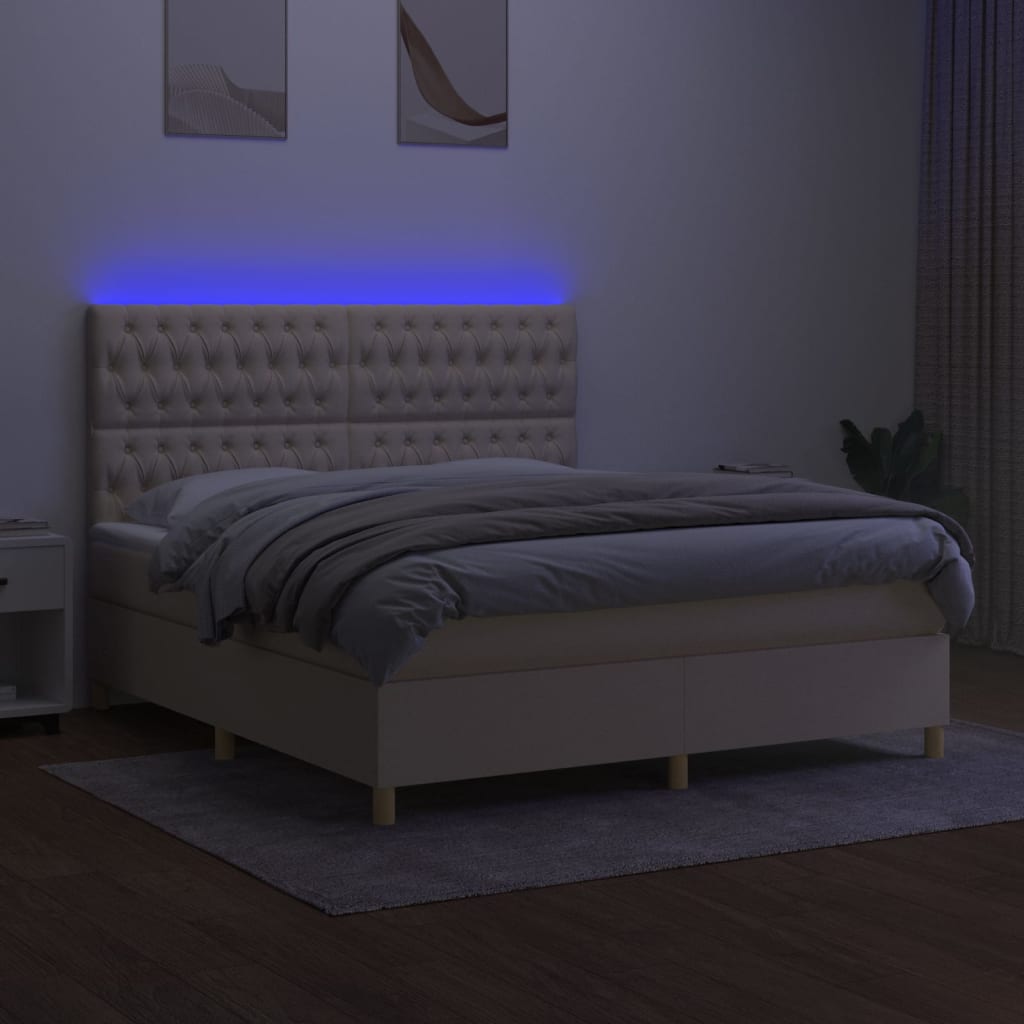 kontinentalseng med LED-lys 160x200 cm stof cremefarvet