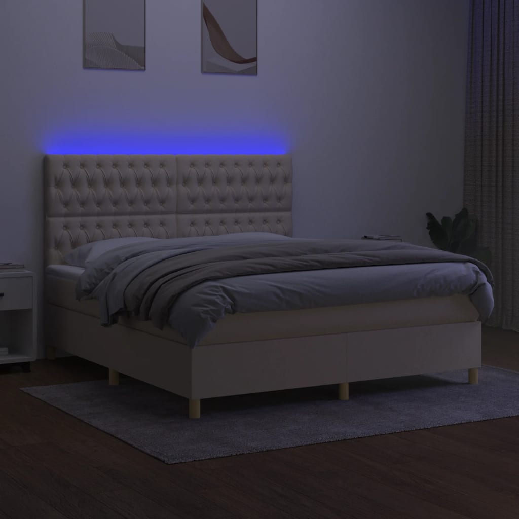 kontinentalseng med LED-lys 180x200 cm stof cremefarvet