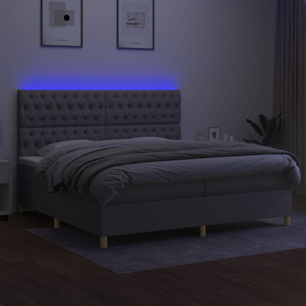 kontinentalseng med LED-lys 200x200 cm stof lysegrå