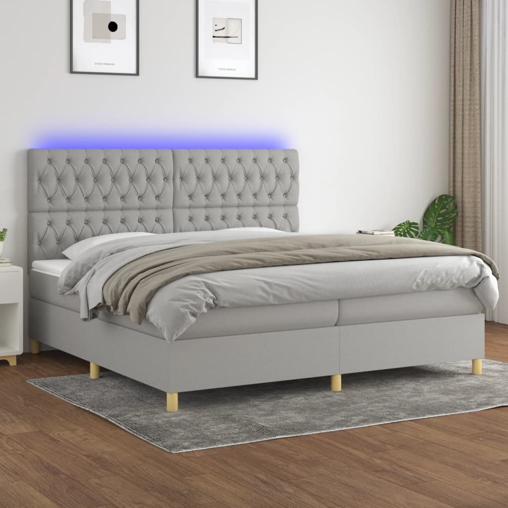 kontinentalseng med LED-lys 200x200 cm stof lysegrå