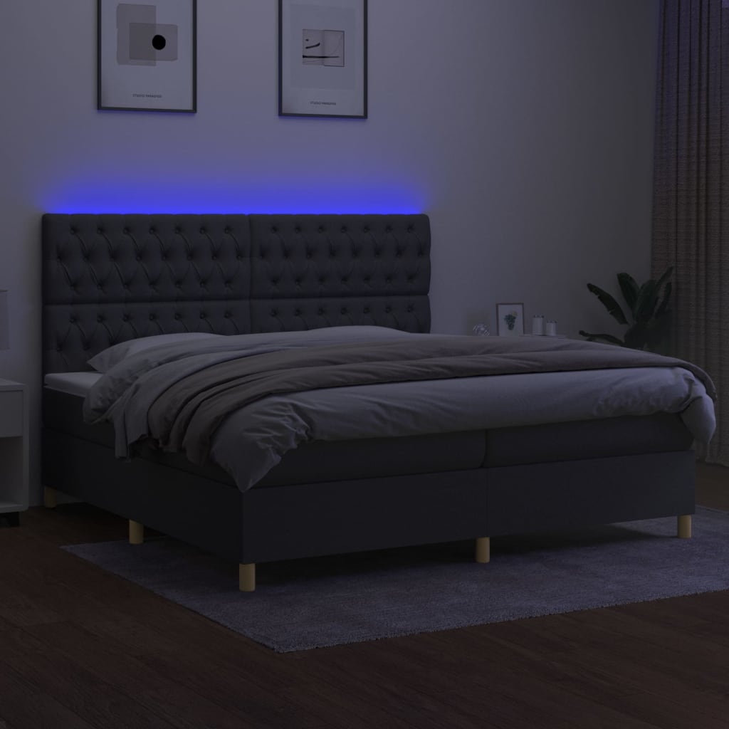 kontinentalseng med LED-lys 200x200 cm stof mørkegrå