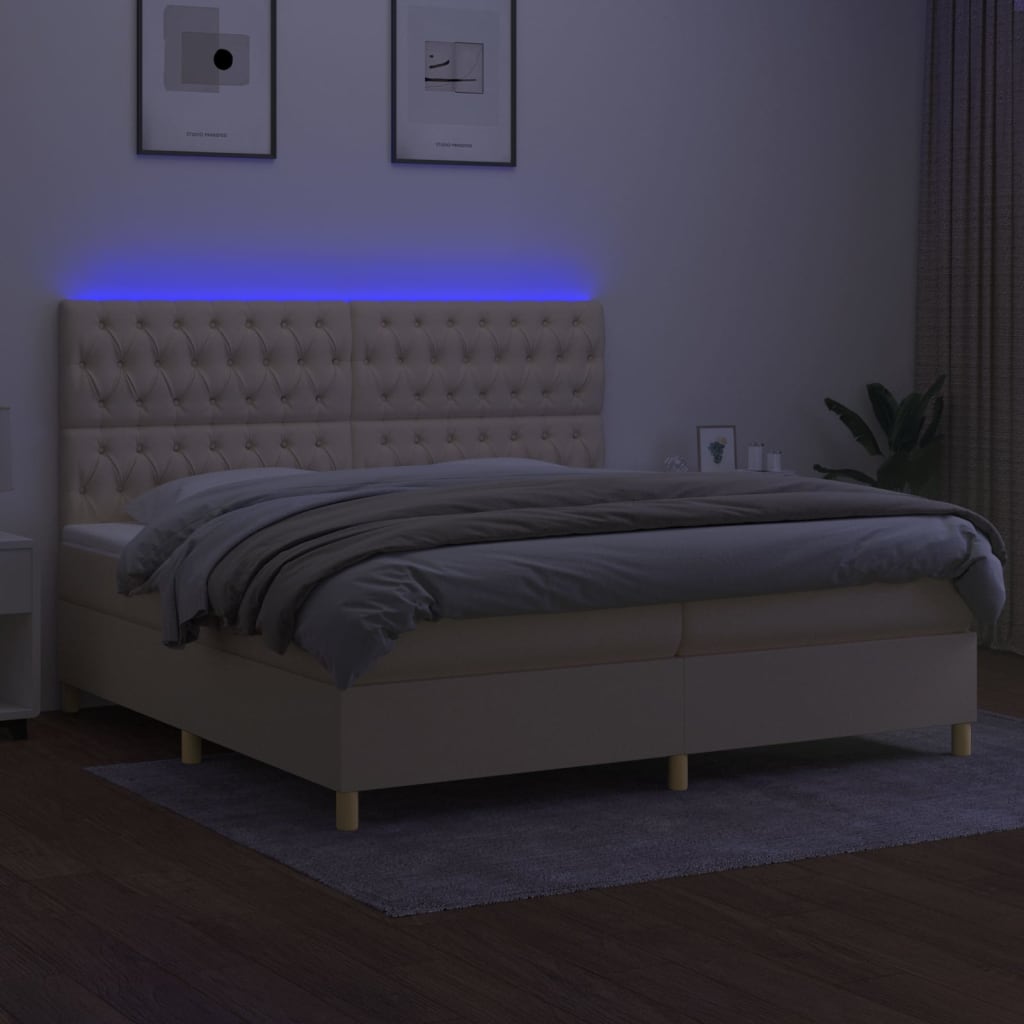 kontinentalseng med LED-lys 200x200 cm stof cremefarvet