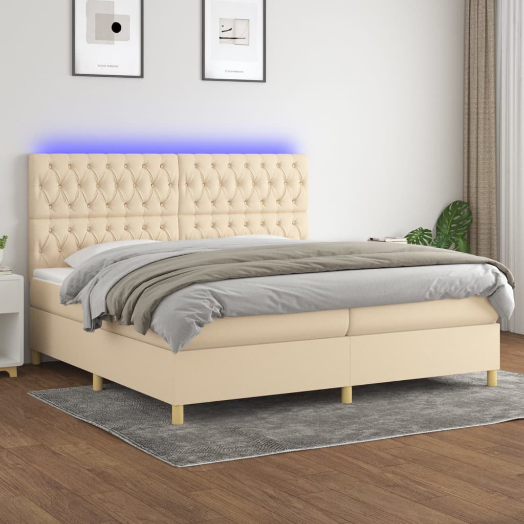 kontinentalseng med LED-lys 200x200 cm stof cremefarvet