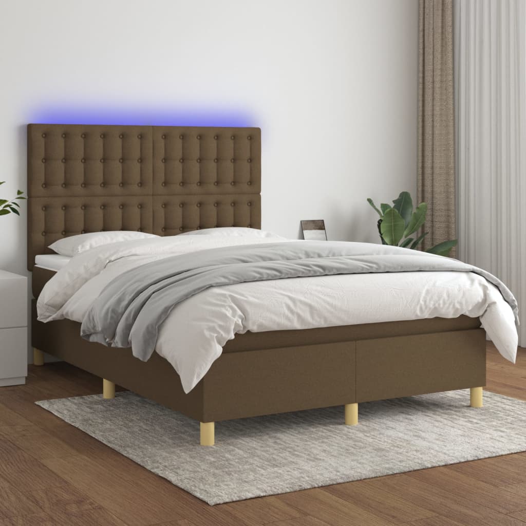 kontinentalseng med LED-lys 140x190 cm stof mørkebrun