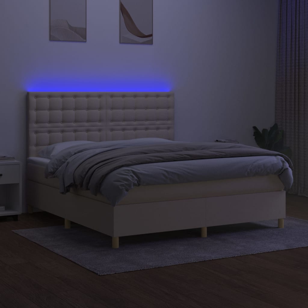 kontinentalseng med LED-lys 180x200 cm stof cremefarvet